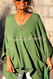 Fashion V-neck Loose Pocket Mid-length Knitted Sweater