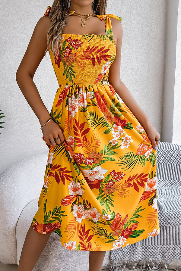 Plant Print Suspenders Pleated Holiday Beach Midi Dress