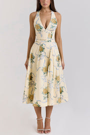 Resort Star Floral Print Waist Halterneck Tie Pocket Midi Dress