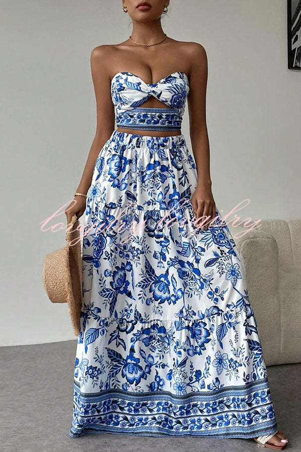 Floral Print Cutout Bandeau Top and Elastic Waist Full Maxi Skirt Set