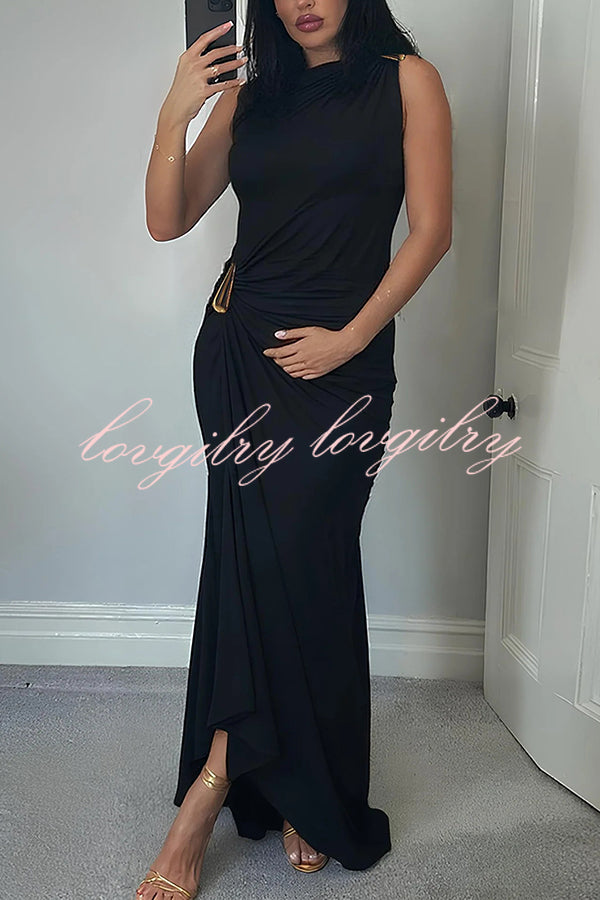 Fashionable Metallic Embellishments Pleated Sleeveless Slim-fit Maxi Dress