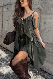 Beauty of Flow Ruffles Tie-up Slit Midi Top and Elastic Waist Shorts Set