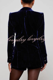 Bold Modern Velvet Contrast Satin Lapel Blazer and High Rise Pocket Shorts Set