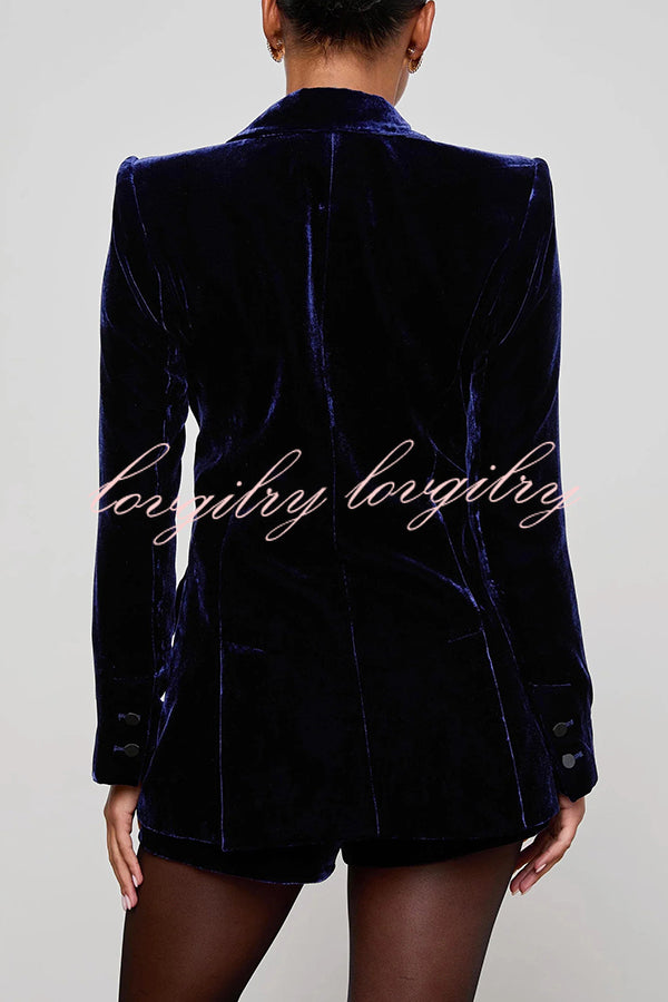 Bold Modern Velvet Contrast Satin Lapel Blazer and High Rise Pocket Shorts Set