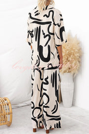 Irregular Printed Button Pocket Long Sleeved Shirt and Elastic Waist Pants Set