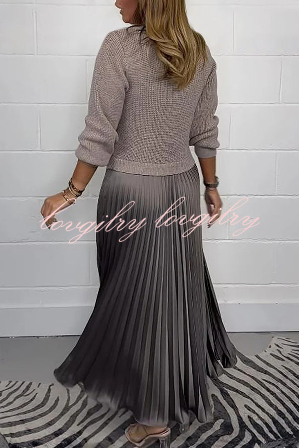 Stylish Knitted Round Neck Long Sleeve Patchwork Pleated Hem Maxi Dress