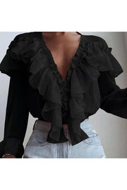 Spliced ruffled V Neck Pleated Long Sleeved Top