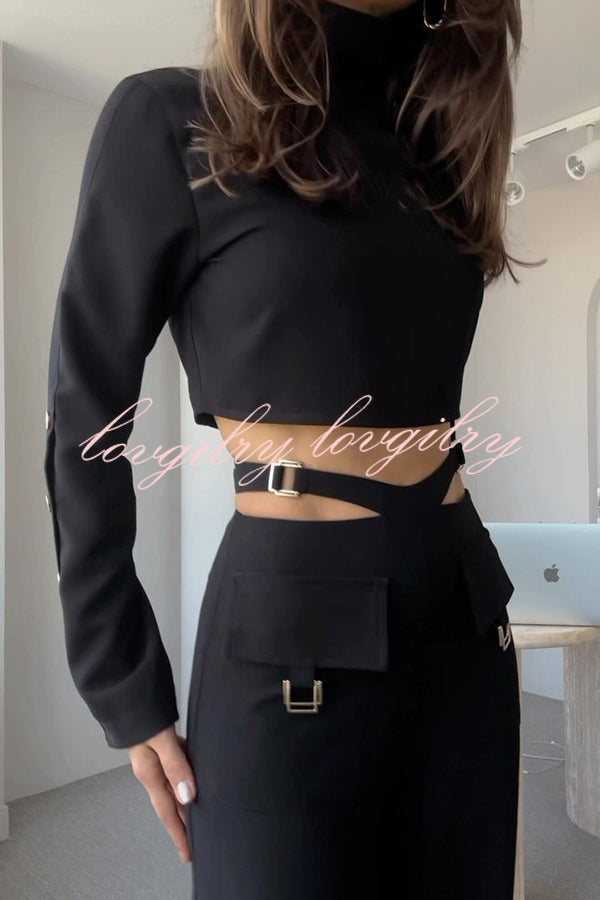 Leia High Neck Button Bell Sleeve Top and Cutout Waist Metal Pocketed Flare Pants Set