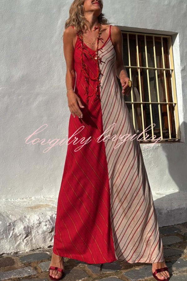 Fashionable Splicing V-neck Suspenders Loose Maxi Dress