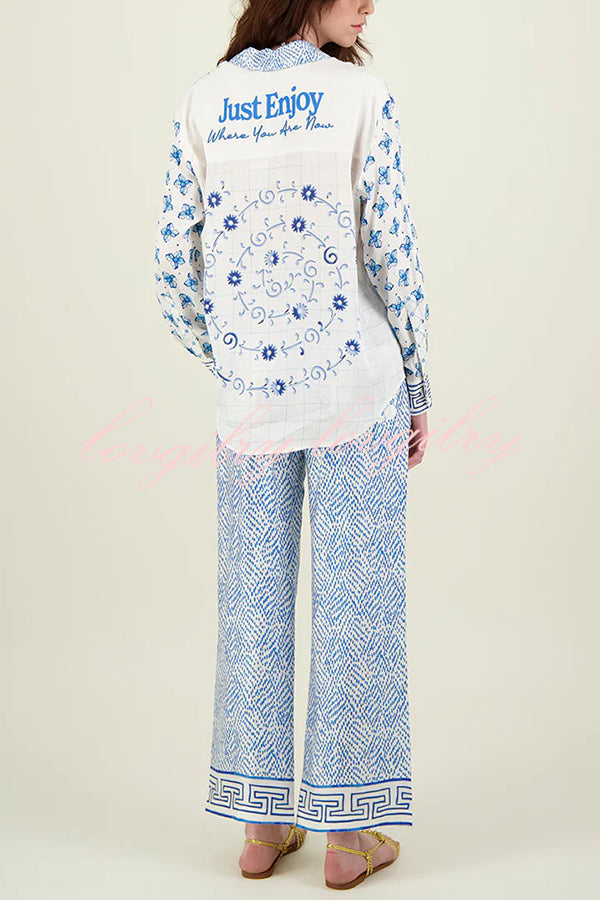 Stylized Dragon Satin Unique Print Long Sleeve Loose Shirt and Elastic Waist Pants Set