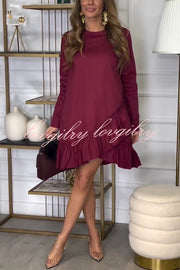 Solid Long Sleeve Round Neck Ruffle Hem Mini Dress