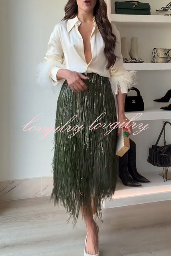 Party Crasher Layered Sequined Tassels High Rise Back Zipper Midi Skirt