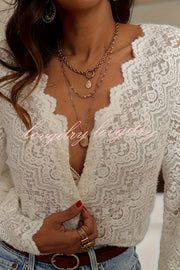 Fashionable Openwork Lace Long-sleeved V-neck Elegant Shirt