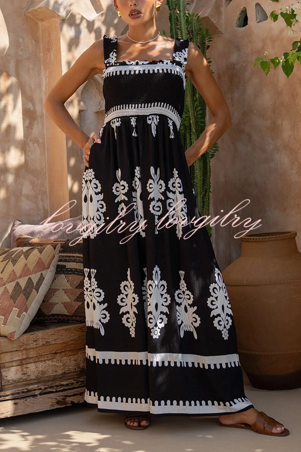 National Boho Style Unique Print Smocked Bust Wide Strap Pocket Maxi Dress