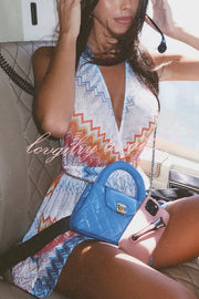 Eleanor Knit Colorful Zigzag Pattern Halter V-neck Tie-up Loose Romper