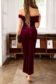 Solid Color Velvet Off-shoulder Slim-fit Elegant Slit Midi Dress