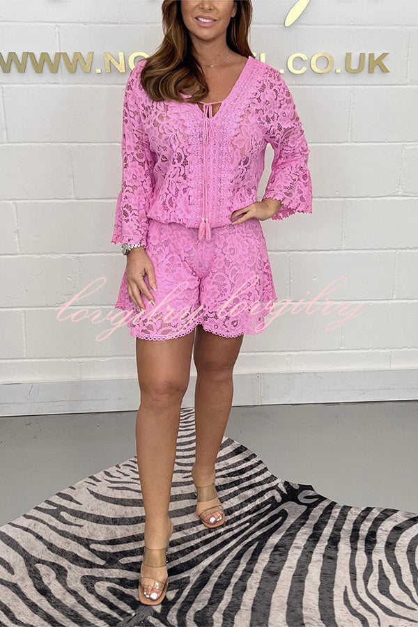 Emilee Lace Tie Neck Bell Sleeve Top and Elastic Waist Loose Shorts Set