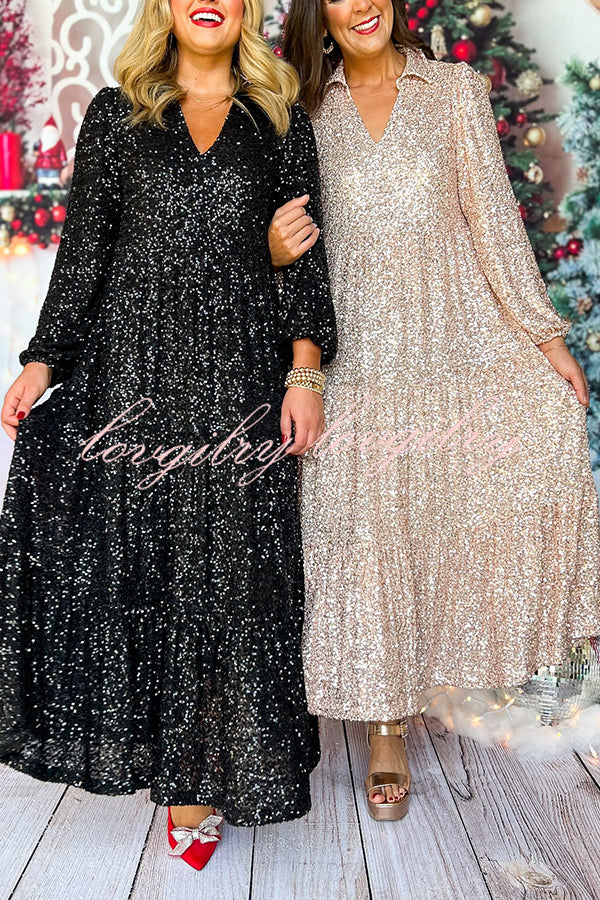 Christmas Elegant Sequin Long Sleeve V Neck Midi Dress