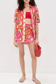 Neima Unique Print Wave Trim Button Up Short Sleeve Shirt and Elastic Waist Pocket Loose Shorts Set