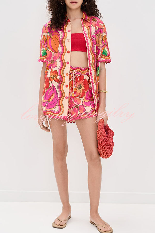 Neima Unique Print Wave Trim Button Up Short Sleeve Shirt and Elastic Waist Pocket Loose Shorts Set
