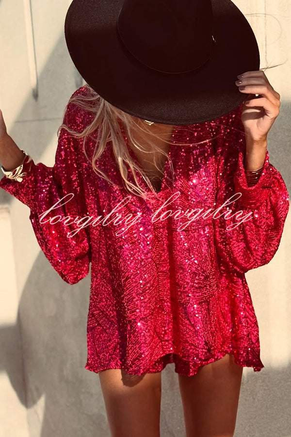 Fashion Sequin V-neck Long Sleeve Loose Top and Elastic Waist Casual Shorts Set