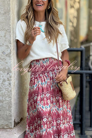 Resort Style Unique Print Pleated Elastic Waist Maxi Skirt