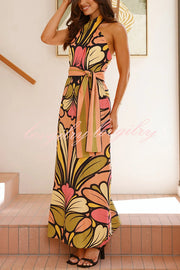 Unique Print Halter Neck Waist Tie Holiday Maxi Dress