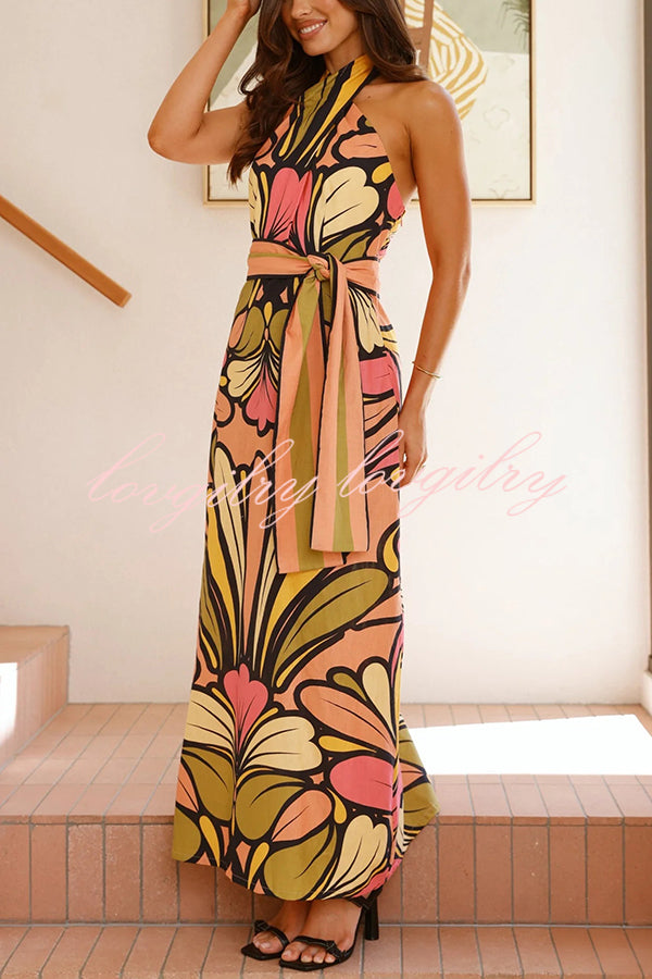 Unique Print Halter Neck Waist Tie Holiday Maxi Dress