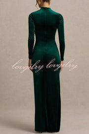 Wishes Velvet High Neck Long Sleeve Ruched Waist Wrap Slit Stretch Maxi Dress