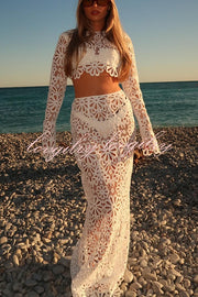 Balmy Summers Crochet Lace Floral Pattern Elastic Waist Fishtail Vacation Maxi Skirt