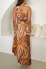 Elora Pleated Zebra Print One Shoulder Drawstring Cutout Maxi Dress