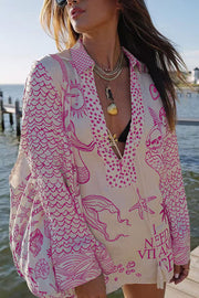 Live By Water Satin Unique Print Tassle Shirt and Elastic Waist Shorts Set