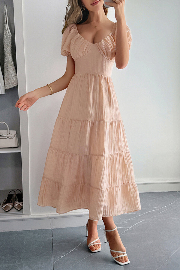 Solid Color V-neck Puff Sleeve Casual Holiday Style Midi Dress