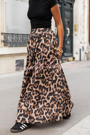 Leopard Print Pocket Pleated Hem Maxi Skirt