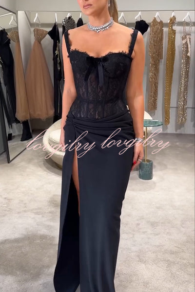 Sexy Grace Magic Lace Corset Bow Design Ruched Hip Slit Maxi Dress