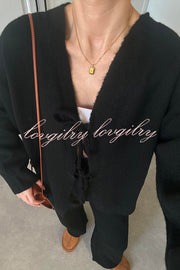 Solid Color V-neck Tie Long-sleeved Loose Knit Cardigan and Elastic Waist Casual Straight Leg Pants Set