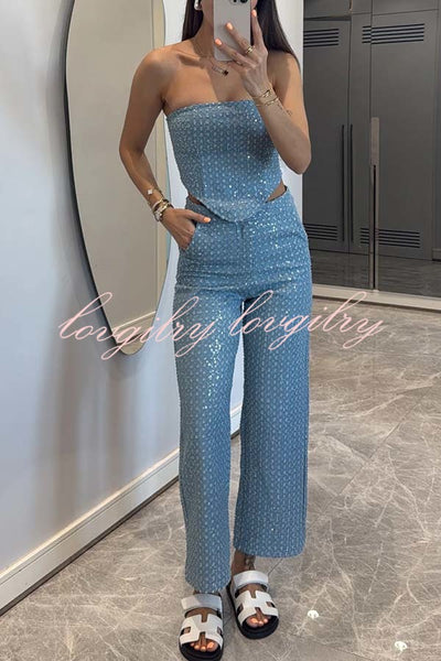 Fashionable Look Denim Sequin Textured High Rise Pocket Straight Jeans