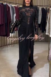 Fenna Sheer Floral Sequin Shoulder Pads Long Sleeve Drape Slit Maxi Dress
