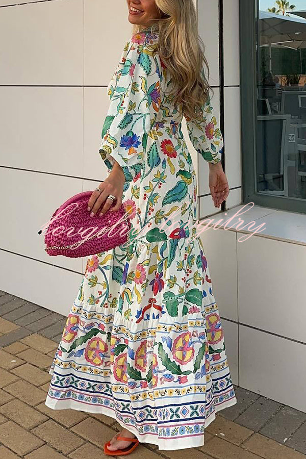 Botanical Floral Print V-neck Cutout Lace-up Elastic Waist Maxi Dress