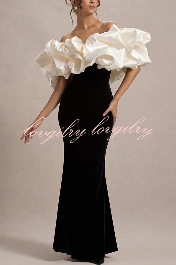 Cecily Velvet Off Shoulder Satin Structured Bardot Neck Stretch Maxi Dress