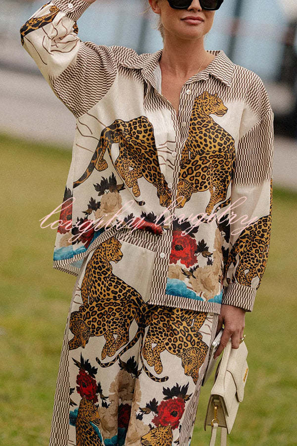 Exotic Leopard Flower Patchwork Print Button Down Oversized Blouse