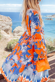 Unique Print V-Neck Long Sleeve Full Hem Holiday Maxi Dress