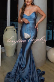 Jessica Satin Off Shoulder V-neck Ruched Detail Fishtail Maxi Dress