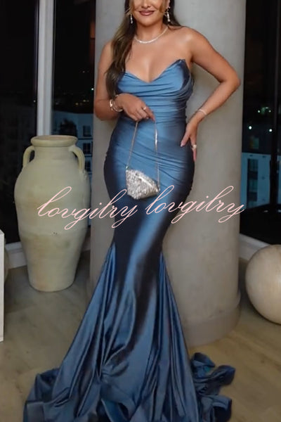 Jessica Satin Off Shoulder V-neck Ruched Detail Fishtail Maxi Dress