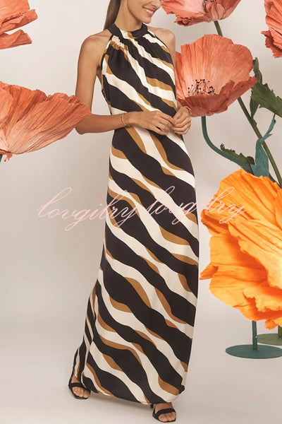 Uptown Cafe Satin Color Block Print Tie-up Neck Maxi Dress