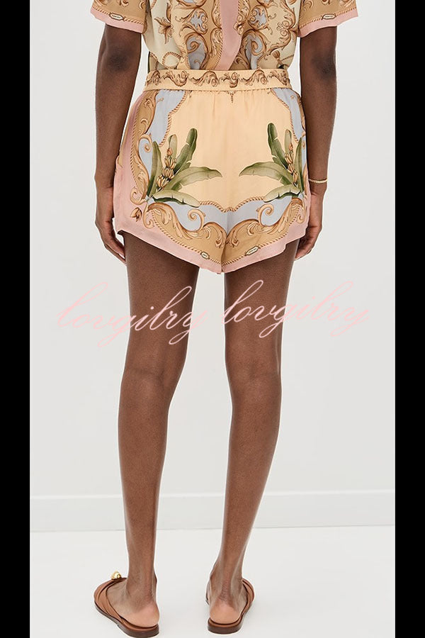 Royalty Unique Print Button Up Short Sleeve Shirt and Elastic Waist Pocketed Loose Shorts Set