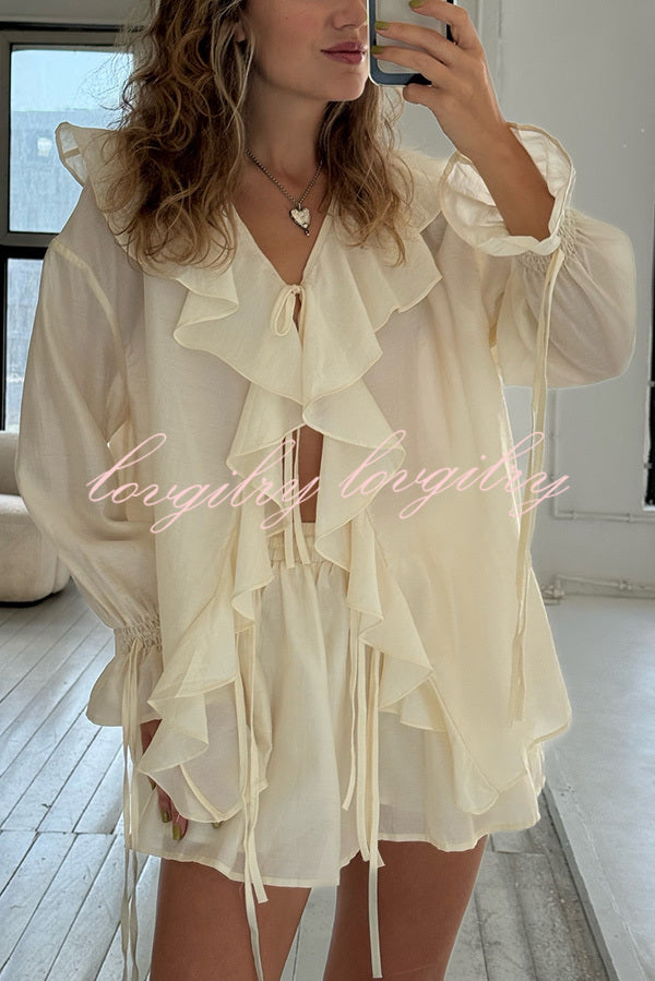 Solid Ruffled Lace-up Casual Top and Elastic Waisted Loose Pocket Shorts Set