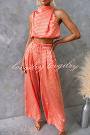 Girls Night Satin Printed High Neck Top and Elastic Tie-up Waist Pocket Wide Leg Pants Set