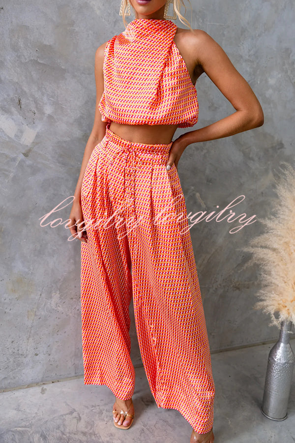 Girls Night Satin Printed High Neck Top and Elastic Tie-up Waist Pocket Wide Leg Pants Set