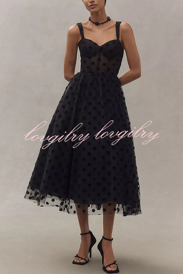 Perfect Guest Tulle Polka Dot Sweetheart Bustier A-Line Midi Dress